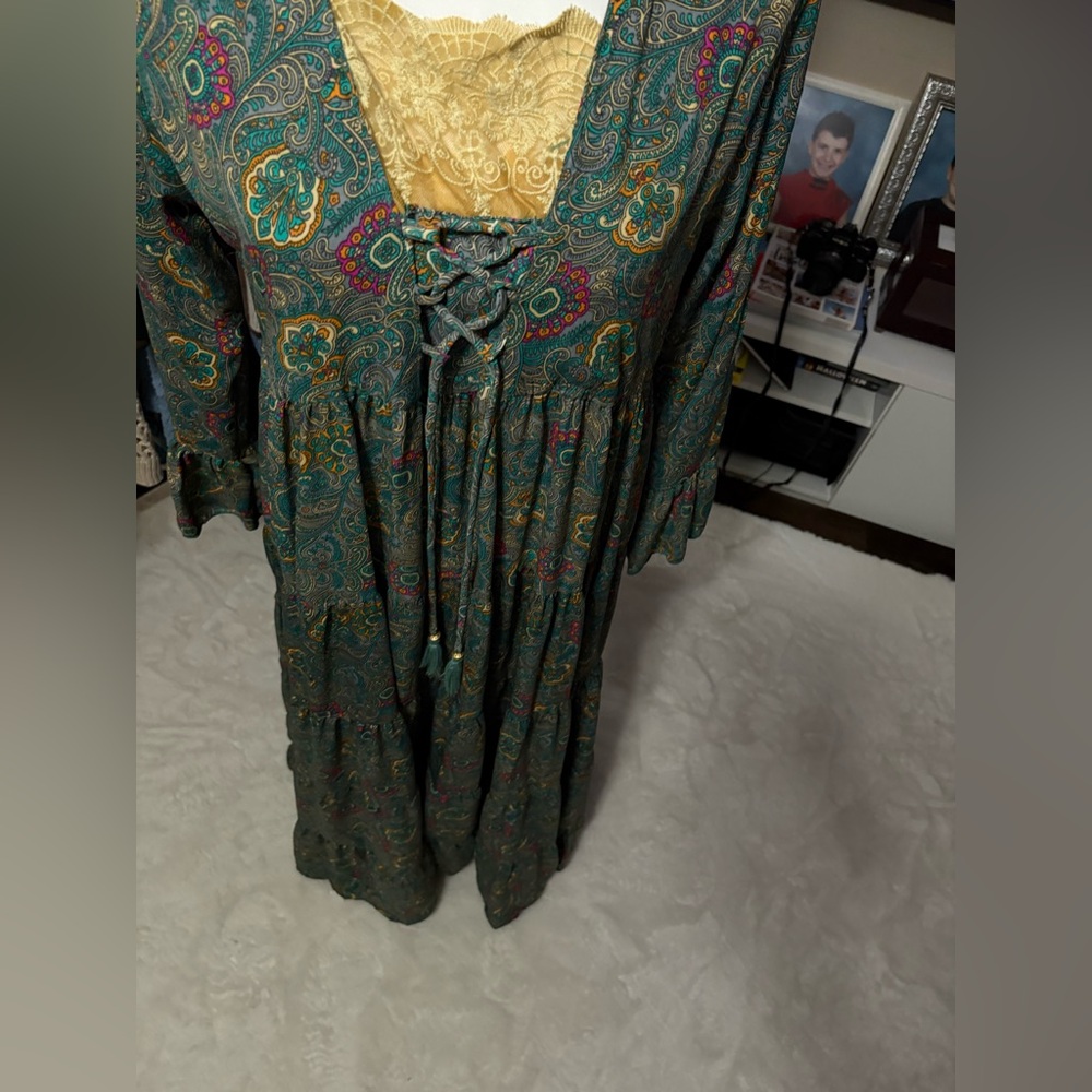 Boemo Green Paisley Lace-Up Maxi Dress with Yellow Lace Inset sz L #1